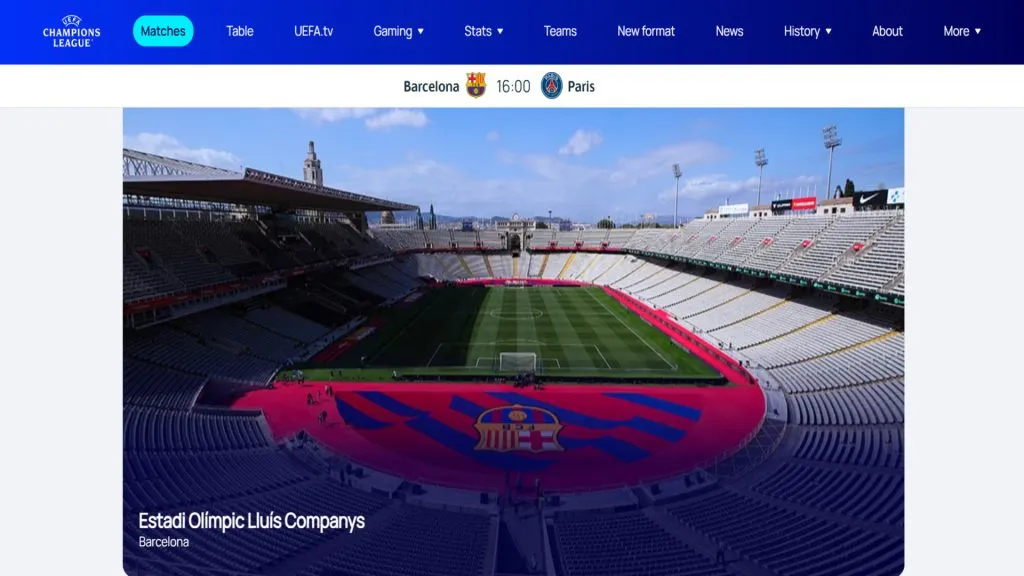 Barcelona x PSG será no estádio Lluís Companys (foto: reprodução/site da Uefa Champions League)