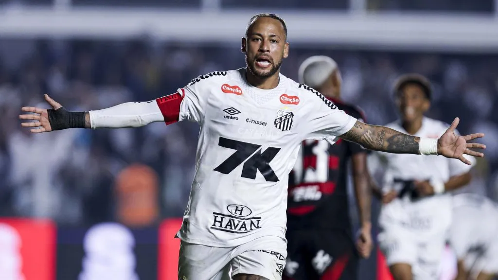 Neymar comemorando gol contra o Flamengo. Foto: Ricardo Moreira/Getty Images