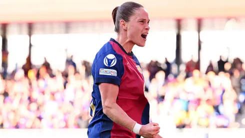 BARCELONA, SPAIN – APRIL 20: Ewa Pajor of FC Barcelona celebrates scoring her team's first goal during the UEFA Women's Champions League Semi-Final first leg match between FC Barcelona and Chelsea FC Women at Estadi Johan Cruyff on April 20, 2025 in Barcelona, Spain. (Photo by David Ramos/Getty Images)