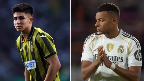 Dastan Satpaev e Kylian Mbappé em ação (Fotos: Ian MacNicol e Aitor Alcalde/Getty Images)