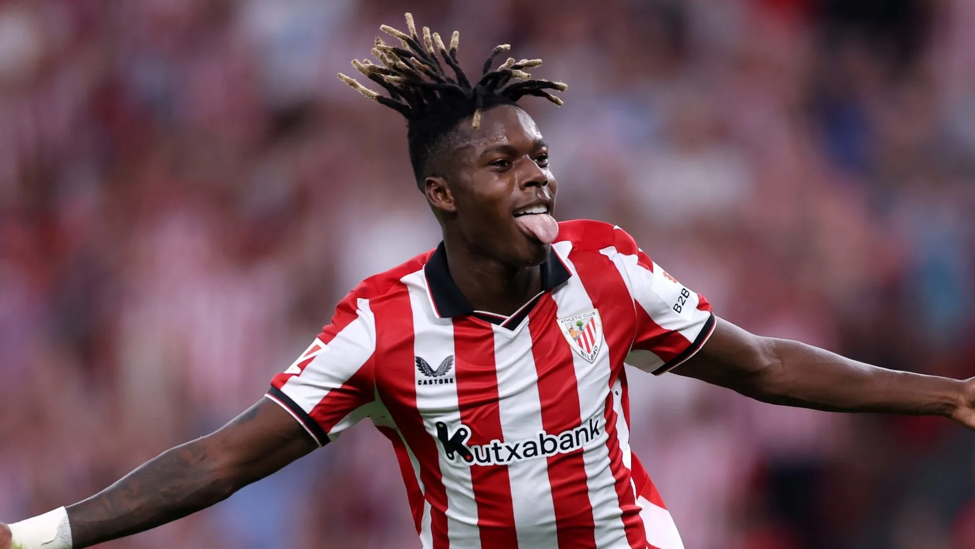 Nico Williams, alvo do Tottenham, em jogo do Athletic Bilbao. Foto: Ion Alcoba Beitia/Getty Images
