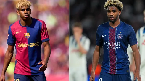 Lamine Yamal, do Barcelona, à esquerda (Foto: Alex Caparros/Getty Images) e Ibrahim Mbaye, do PSG, à direita (Foto: Franco Arland/Getty Images)