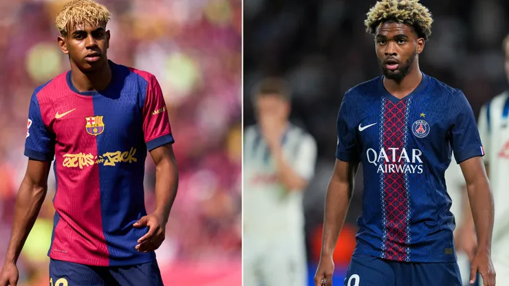 Lamine Yamal, do Barcelona, à esquerda (Foto: Alex Caparros/Getty Images) e Ibrahim Mbaye, do PSG, à direita (Foto: Franco Arland/Getty Images)