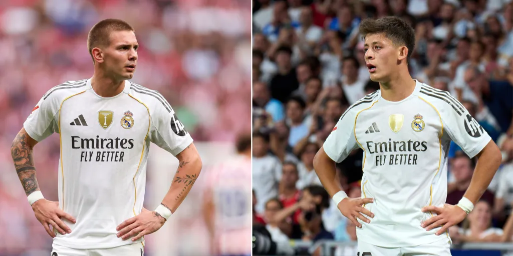 Mastantuono e Arda Güler, em campo, com a camisa branca do Real Madrid