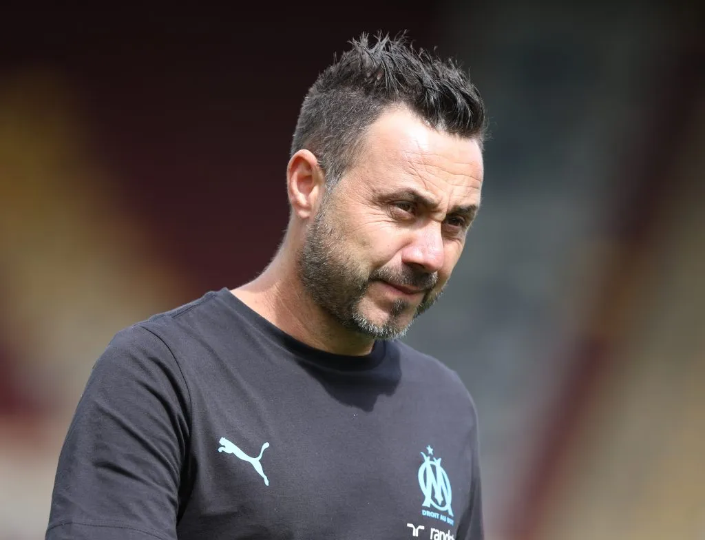 BRADFORD, ENGLAND – AUGUST 3:  Roberto De Zerbi manager of Olympique Marseille during the pre-season friendly match between Sunderland and Olympique Marseille at University of Bradford Stadium on August 3, 2024 in Bradford, England. (Photo by Nigel Roddis/Getty Images)
