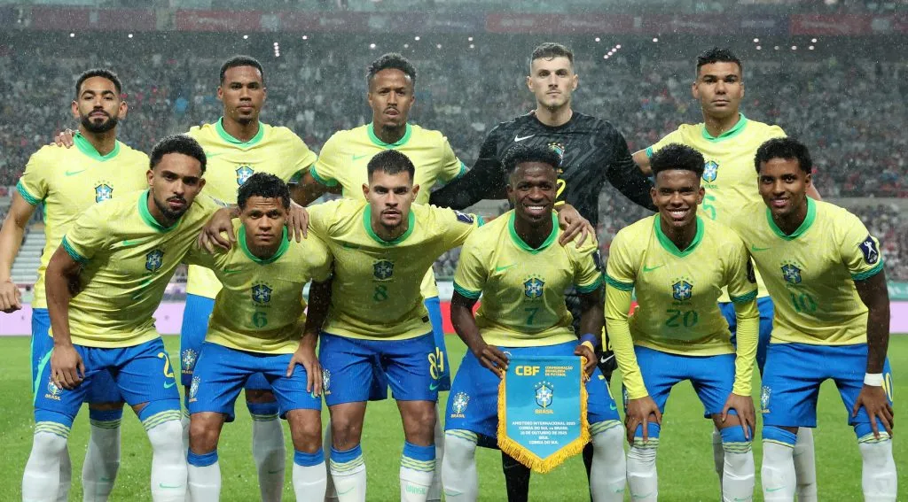 Jogadores da Seleção Brasileira construíram placar de 5 a 0 contra a Coreia do Sul, nesta sexta-feira (10). A última vez que isso aconteceu sem o time sofrer gols e vencer por cinco gols de diferença foi em 2020, quando o time venceu a Bolívia (Foto: Chung Sung-Jun/Getty Images)