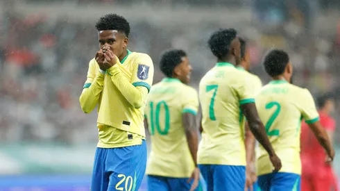 O atacante Estêvão comemora gol pela Seleção Brasileira (Rafael Ribeiro/CBF)