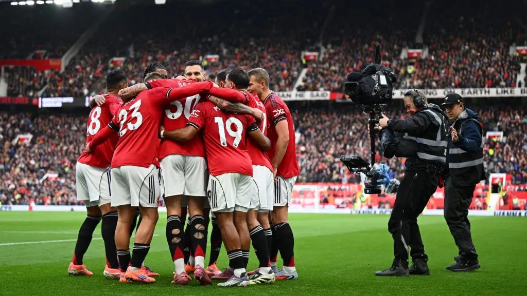 Manchester United comemora gol durante partida da Premier League. Foto: Gareth Copley/Getty Images
