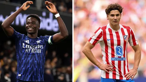 Bukayo Saka com os braços erguidos em jogo do Arsenal (Alex Pantling/Getty Images) / Julián Álvarez com as mãos na cintura pelo Atlético de Madrid (Florencia Tan Jun/Getty Images)
