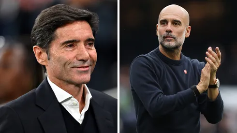 Marcelino sorrindo à beira do campo pelo Villarreal (Dan Mullan/Getty Images) / Pep Guardiola aplaudindo em jogo do Manchester City (Jan Kruger/Getty Images)