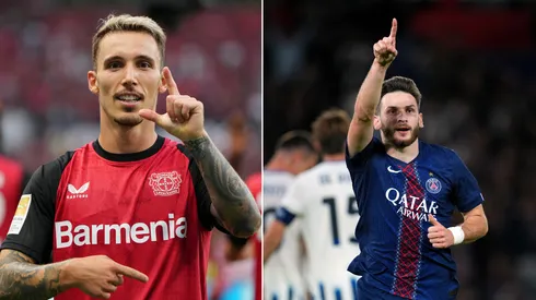 Grimaldo, jogador do Bayer Leverkusen (Foto: Pau Barrena/Getty Images)e Khvicha Kvaratskhelia, do PSG (Foto: Franco Arland/Getty Images)