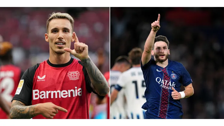 Grimaldo, jogador do Bayer Leverkusen (Foto: Pau Barrena/Getty Images)e Khvicha Kvaratskhelia, do PSG (Foto: Franco Arland/Getty Images)