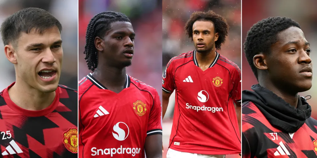 Em ordem, Ugarte (Foto: Mike Hewitt/Getty Imageas), Heaven (Foto: Molly Darlington/Getty Images), Zirkzee (Foto: Jan Kruger/Getty Images) e Mainoo (Foto: Molly Darlington/Getty Images) do Manchester United.