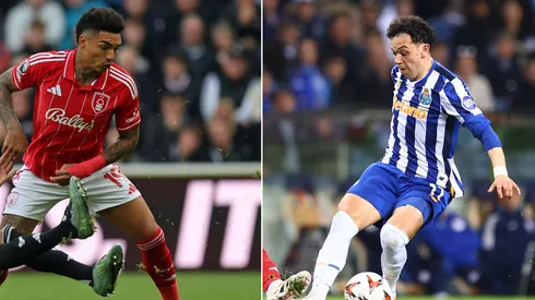 Igor Jesus, disputando bola em campo no Nottingham Forest (Foto: George Wood/Getty Images) e Pepe, em campo, disputando bola pelo Porto (Foto: Diogo Cardoso/Getty Images)