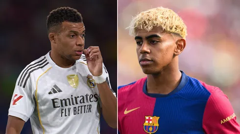 Mbappé, jogador do Real Madrid (Foto: Aitor Alcalde/Getty Images) e Lamine Yamal, do Barcelona (Foto: David Ramos/Getty Images)
