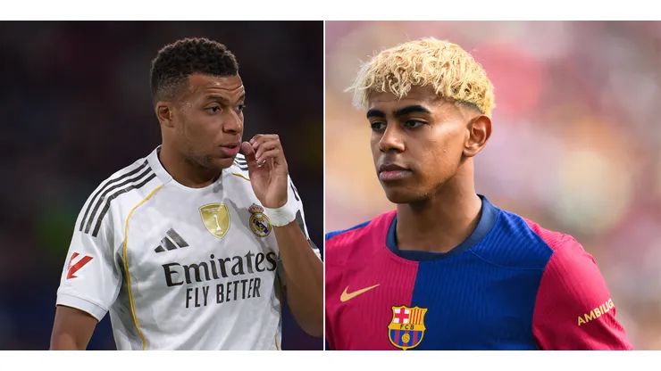 Mbappé, jogador do Real Madrid (Foto: Aitor Alcalde/Getty Images) e Lamine Yamal, do Barcelona (Foto: David Ramos/Getty Images)