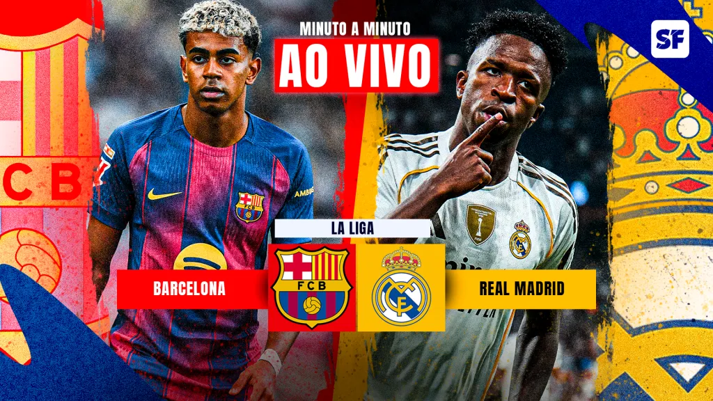 Vini Jr e Lamine Yamal em arte de jogo AO VIVO. (Foto Lamine Yamaldo Barcelona: David Ramos/Getty Images) - (Foto Vini Jr do Real Madrid: Angel Martinez/Getty Images)