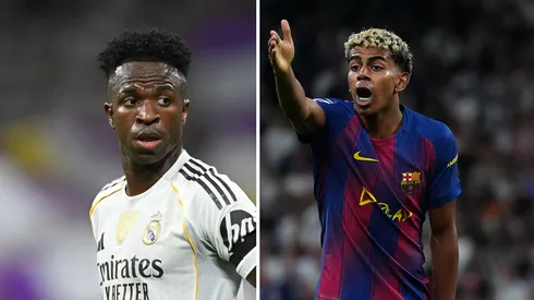 Vinicius Jr pelo Real Madrid e Lamine Yamal com o Barcelona. Fotos: Denis Doyle/Getty Imagens | Angel Martinez/Getty Imagens