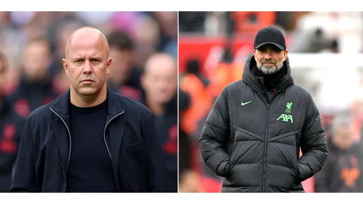 Jürgen Klopp, quando ainda estava do Liverpool (Foto: Michael Regan/Getty Images) e Arne Slot, treinador do time (Foto: Tom Dulat/Getty Images)