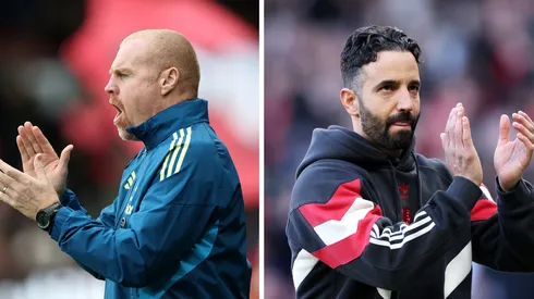 Treinadores Sean Dyche (à esquerda), do Nottingham Forest (Foto: Eddie Keogh/Getty Images) e Ruben Amorim, técnico do Mancheste United (à direita), (Foto: Michael Steele/Getty Images)