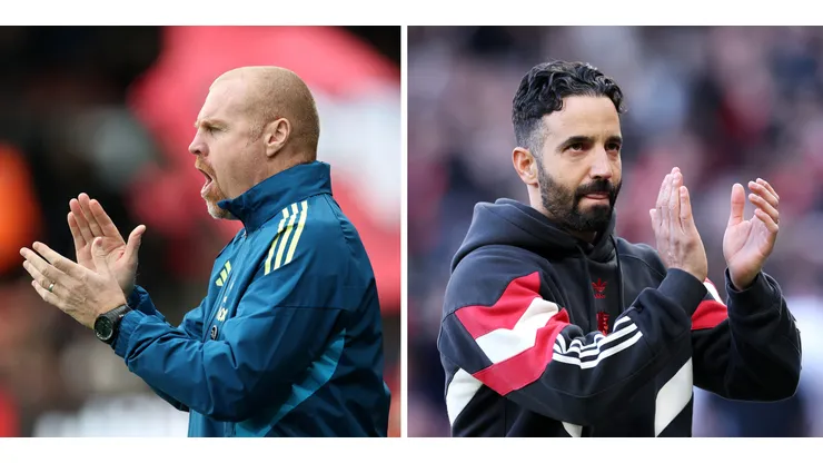 Treinadores Sean Dyche (à esquerda), do Nottingham Forest (Foto: Eddie Keogh/Getty Images) e Ruben Amorim, técnico do Mancheste United (à direita), (Foto: Michael Steele/Getty Images)