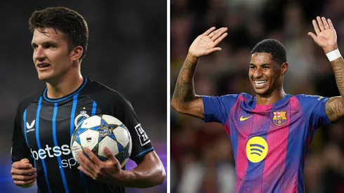 Tzolis, do Club Brugge e Rashford, do Barcelona, devem estar na partida pela Champions League (Foto Alex Bierens de Haan/Getty Images) e (Foto: Alex Caparros/Getty Images)