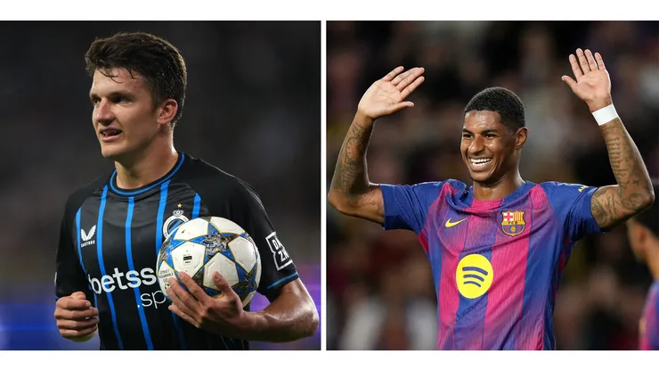 Tzolis, do Club Brugge e Rashford, do Barcelona, devem estar na partida pela Champions League (Foto Alex Bierens de Haan/Getty Images) e (Foto: Alex Caparros/Getty Images)