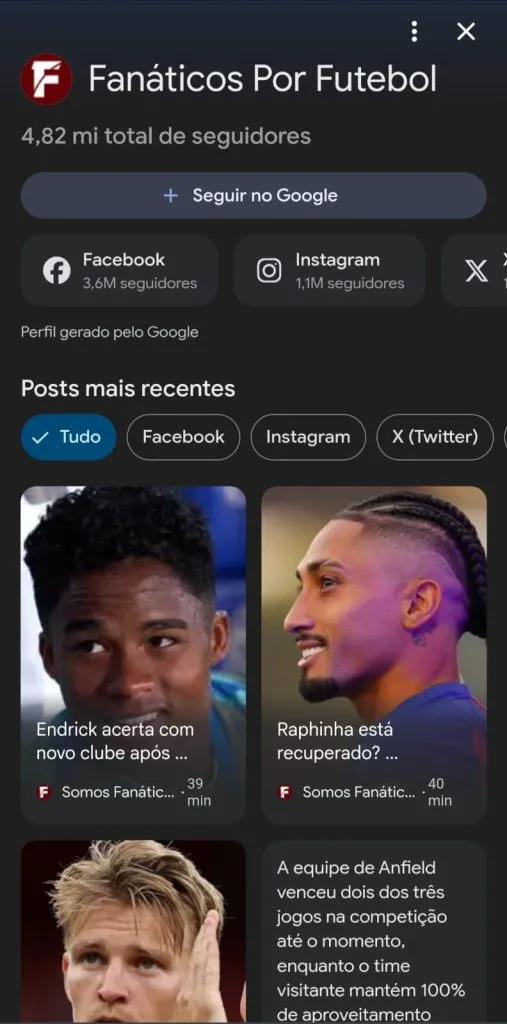 Perfil do Somos Fanáticos no Google Discover (Foto: Reprodução)