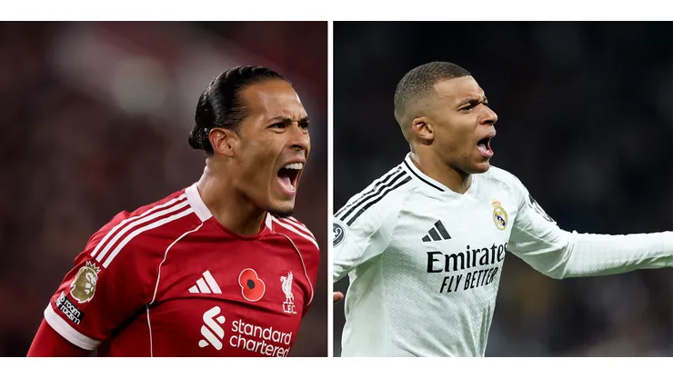 Van Dijk, zagueiro do Liverpool (Foto: Carl Recine/Getty Images) e Mbappé, centroavante do Real Madrid (Foto: Clive Brunskill/Getty Images). Jogadores se enfrentam em Liverpool x Real Madrid.