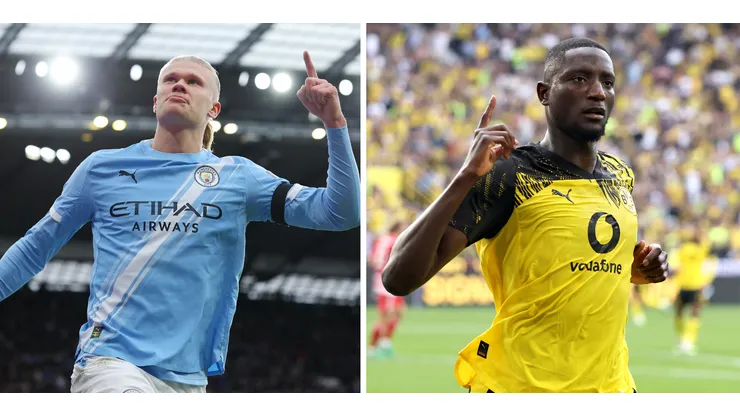 Haaland, centroavante do Manchester City (Foto: Michael Regan/Getty Images) e Guirassy, do Borussia Dortmund (Foto:Christof Koepsel/Getty Images). Jogadores devem se enfrentar em City x Dortmund nesta quarta (05)
