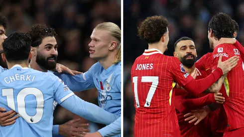 Jogadores do Manchester City (Foto: Michael Steele/Getty Images) e jogadores do Liverpool (Foto: Alex Pantling/Getty Images). Manchester City x Liverpool se enfrentam neste domingo (9)