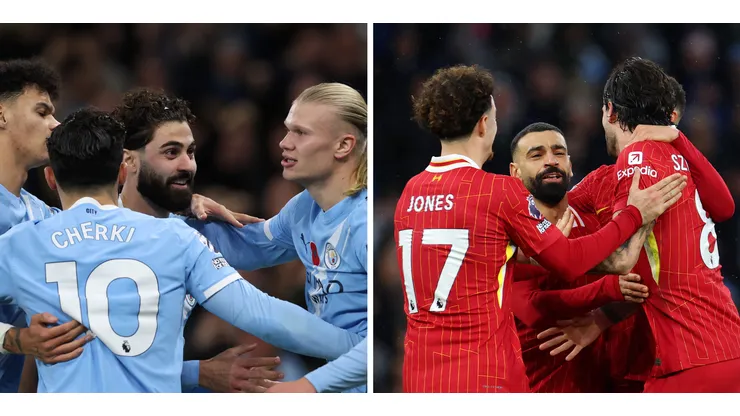 Jogadores do Manchester City (Foto: Michael Steele/Getty Images) e jogadores do Liverpool (Foto: Alex Pantling/Getty Images). Manchester City x Liverpool se enfrentam neste domingo (9)