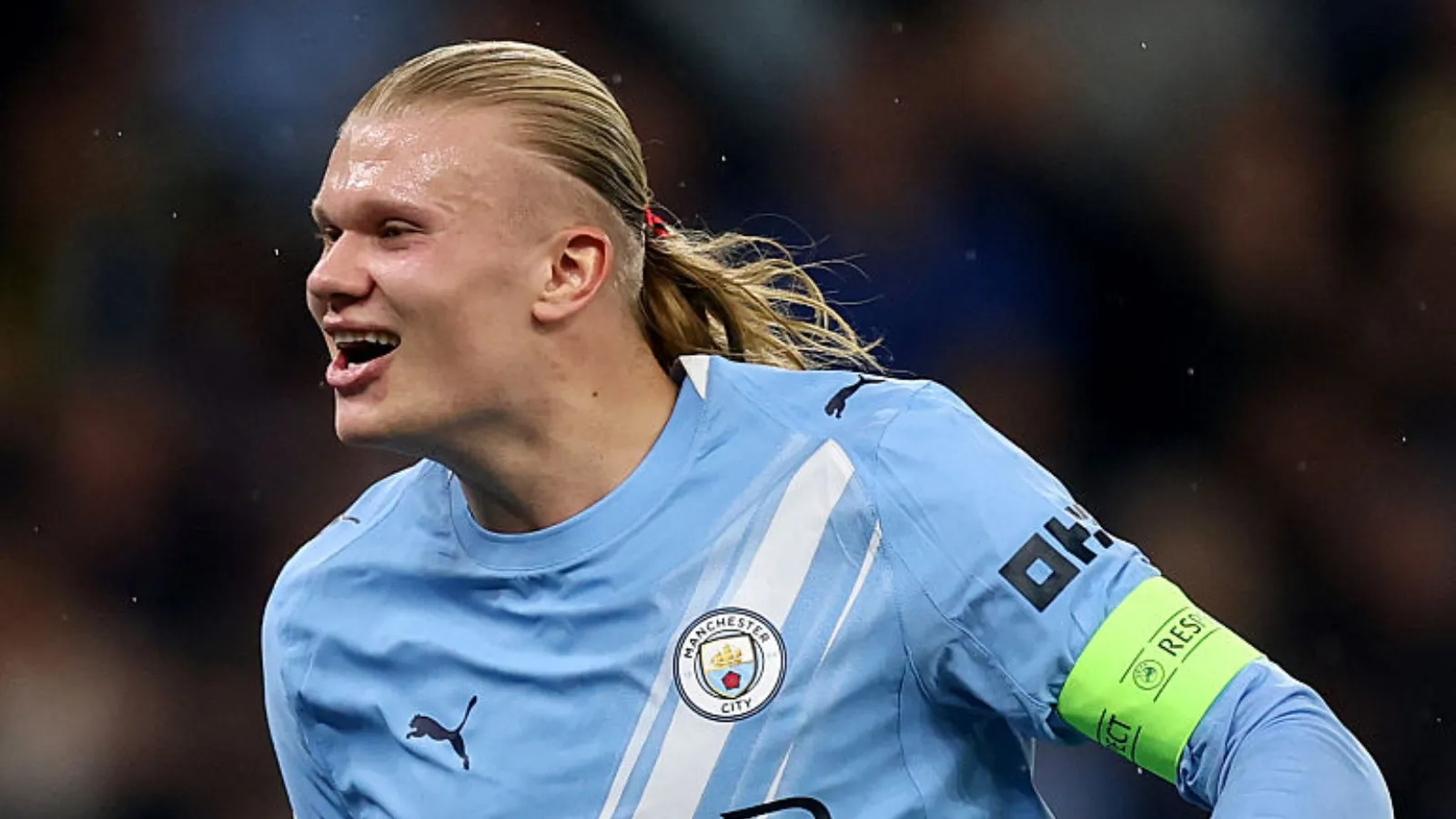 Erling Haaland, do Manchester City, durante a partida da Fase de Liga (MD4) da UEFA Champions League 2025/26 entre Manchester City e Borussia Dortmund, no City of Manchester Stadium, em 5 de novembro de 2025, em Manchester, Inglaterra. (Foto: Carl Recine/Getty Images)