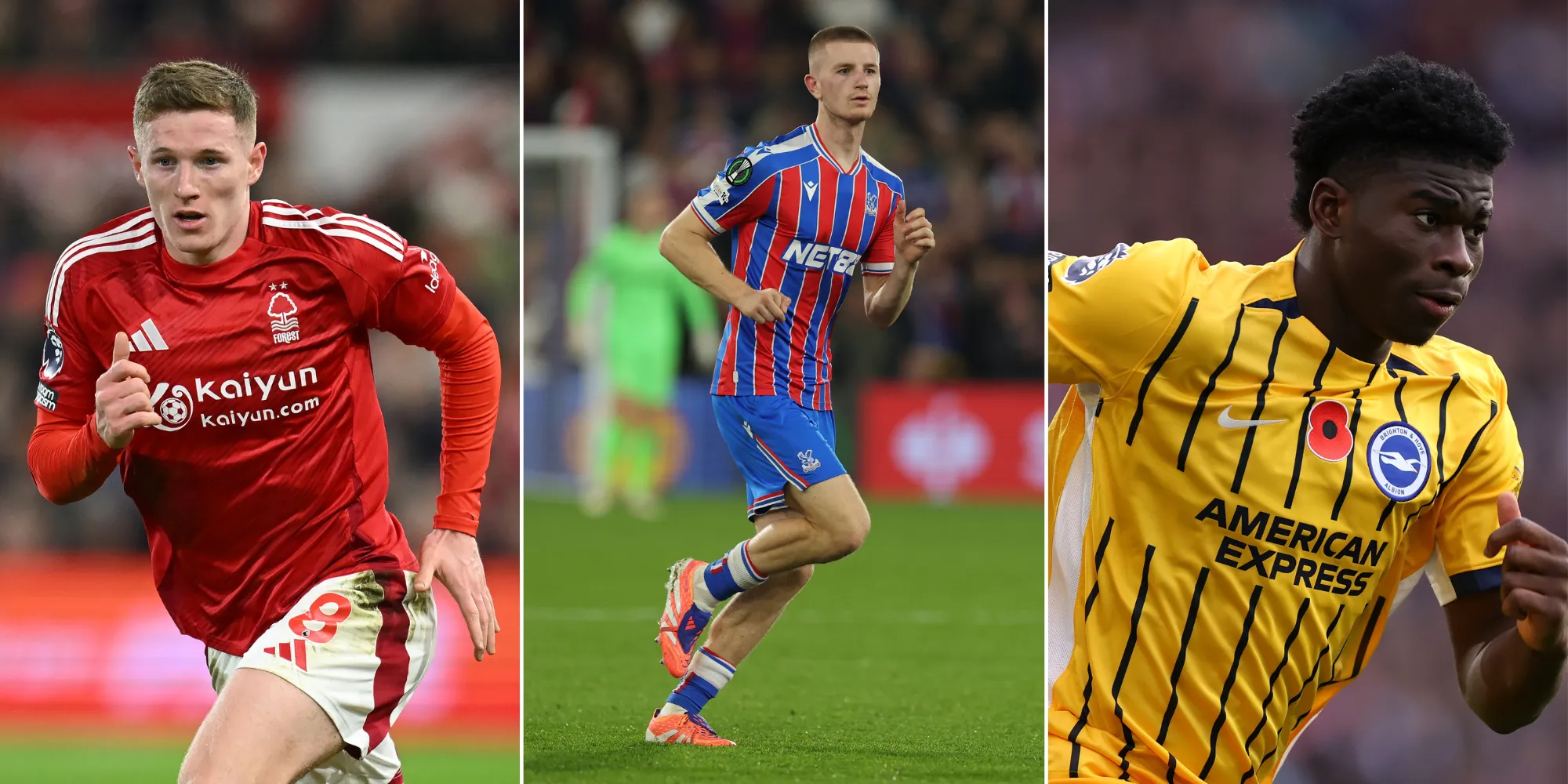 Eliott Anderson, do Nottingham Forest (Foto: Michael Regan/Getty Images), Adam Wharton, do Crystal Palace (Foto: Richard Pelham/Getty Images) e Carlos Baleba (Foto:Justin Setterfield/Getty Images)