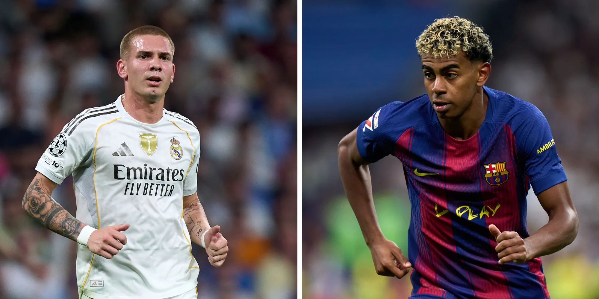 Franco Mastantuono, atacante de apenas 18 anos do Real Madrid (Foto:Angel Martinez/Getty Images) e Lamine Yamal, do Barcelona, também de 18 anos (Foto: Angel Martinez/Getty Images)