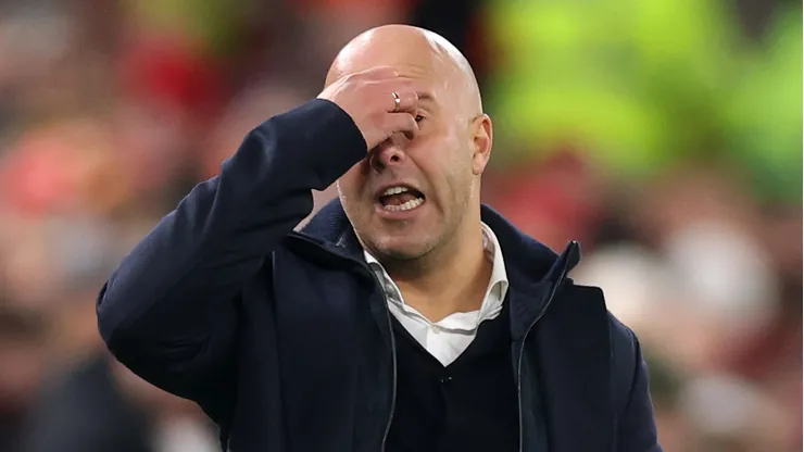 LIVERPOOL, ENGLAND - NOVEMBER 26: Arne Slot, Manager of Liverpool, reacts during the UEFA Champions League 2025/26 League Phase MD5 match between Liverpool FC and PSV Eindhoven at Anfield on November 26, 2025 in Liverpool, England. (Photo by Carl Recine/Getty Images)