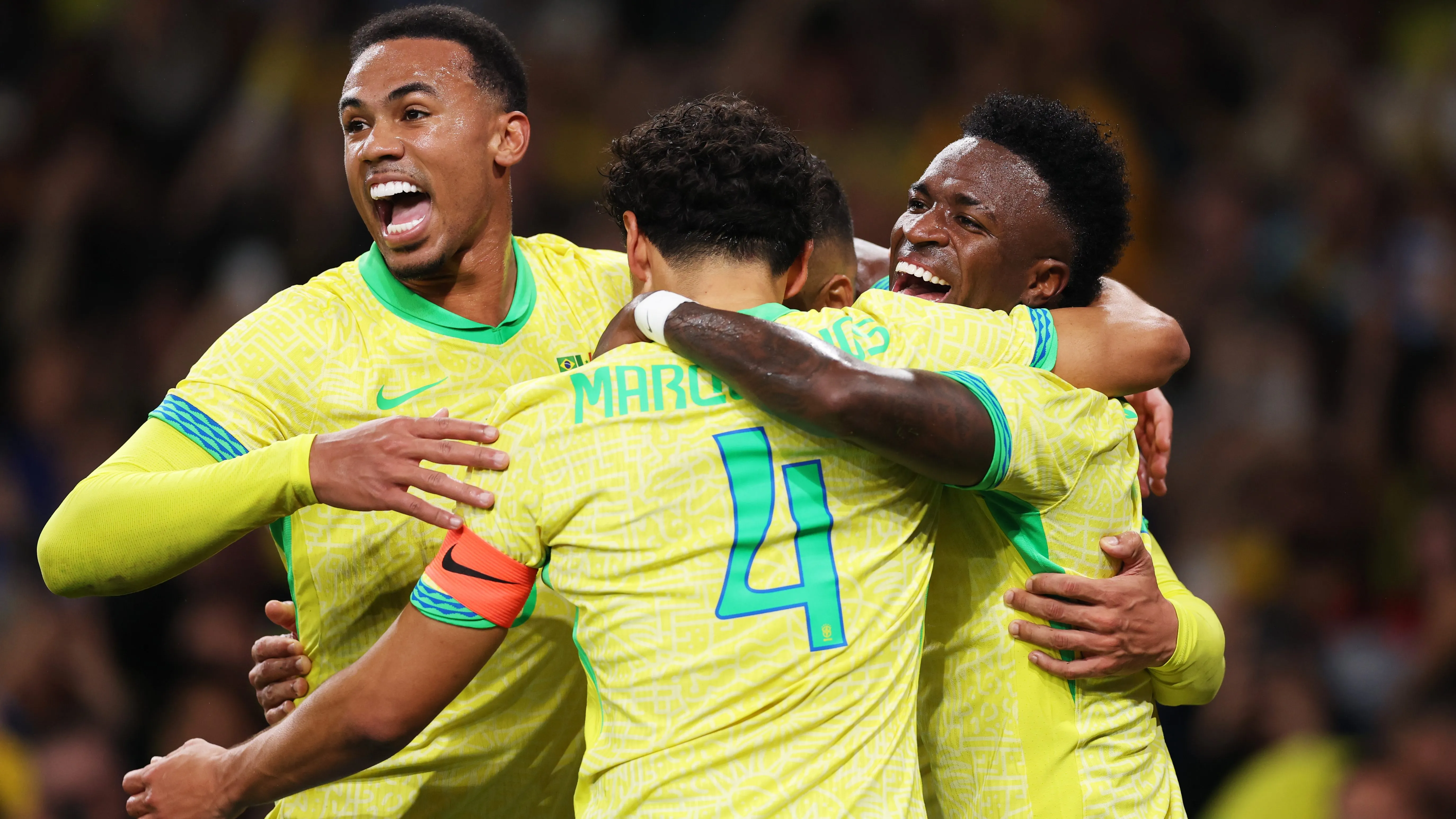 Jogadores da Seleção Brasileira comemorando gol. Foto: Ryan Pierse/Getty Images