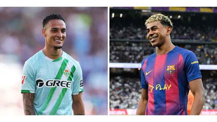 Antony, do Betis (Foto: Aitor Alcalde/Getty Images) e Lamine Yamal, do Barcelona (Foto: David Ramos/Getty Images). Jogadores se enfrentam em Betis x Barcelona neste sábado (06)