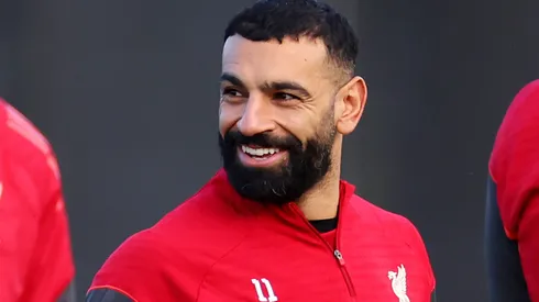 Salah durante treinamento com a equipe do Liverpool. (Photo by Lewis Storey/Getty Images)