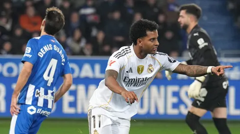 VITORIA-GASTEIZ, SPAIN – DECEMBER 14: Rodrygo of Real Madrid celebrates scoring his team's second goal during the LaLiga EA Sports match between Deportivo Alaves and Real Madrid CF at Estadio de Mendizorroza on December 14, 2025 in Vitoria-Gasteiz, Spain. (Photo by Juan Manuel Serrano Arce/Getty Images)