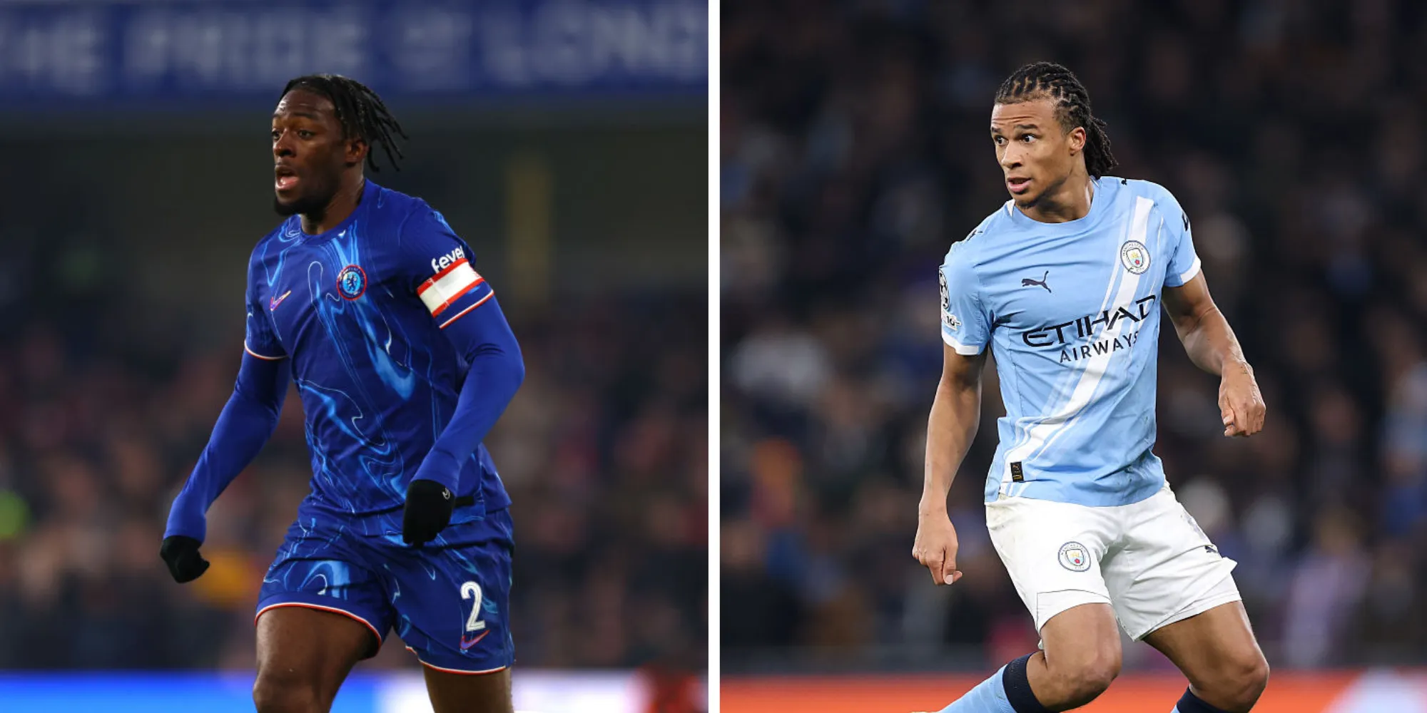 Disasi, do Chelsea, e Nathan Aké, que defende o Manchester City. (Fotos: Clive Rose/Getty Images e Stu Forster/Getty Images)).