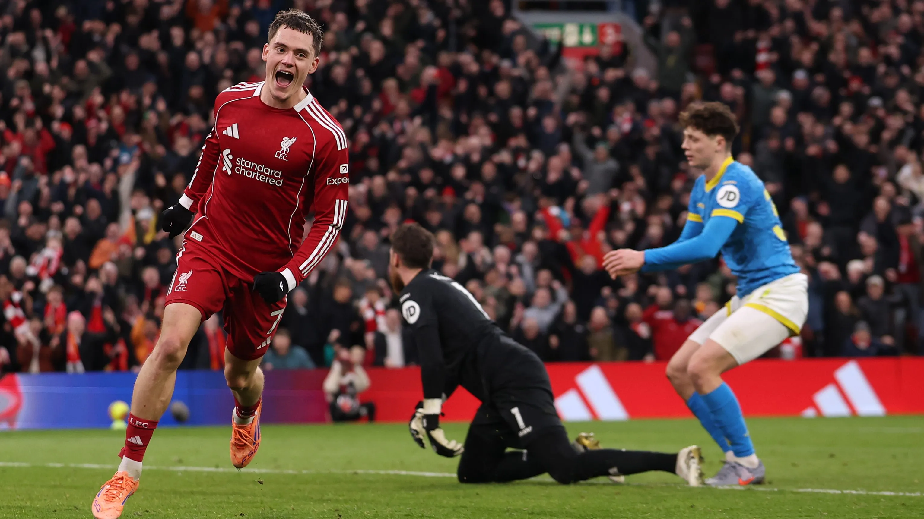 Florian Wirtz comemorando gol pelo Liverpool. Foto: Carl Recine/Getty Images