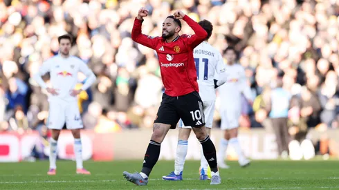Matheus Cunha comemorando o gol marcado no jogo entre Leeds e Manchester United