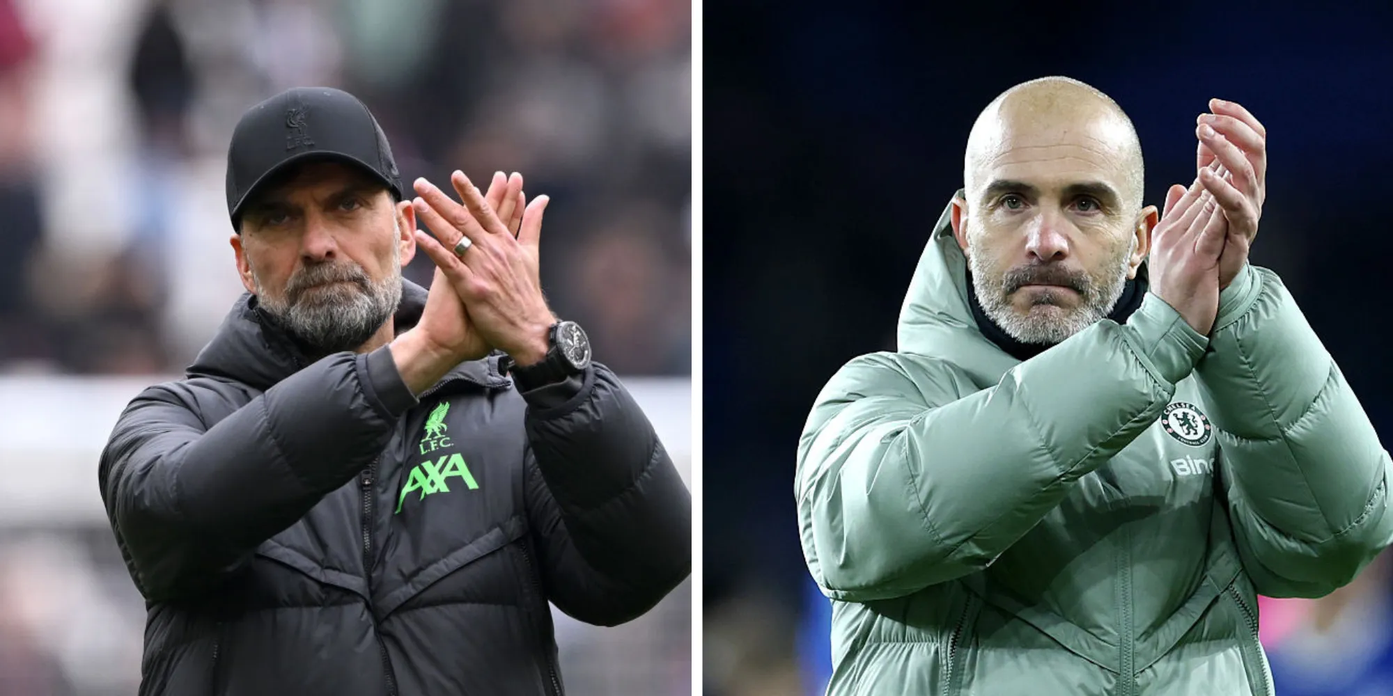 Jürgen Klopp quando ainda estava no Liverpool (Foto: Mike Hewitt/Getty Images) e Enzo Maresca quando ainda comandava a equipe do Chelsea (Foto: Dan Istitene/Getty Images)