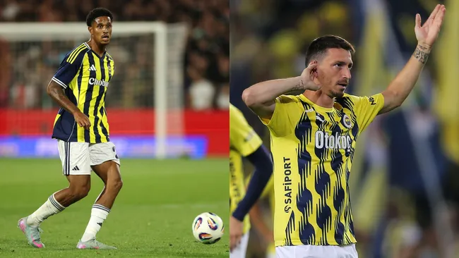 Jayden Oosterwolde e Mert Hakan Yandas em ação pelo Fenerbahçe. Foto: Dean Mouhtaropoulos/Ahmad Mora/Getty Images