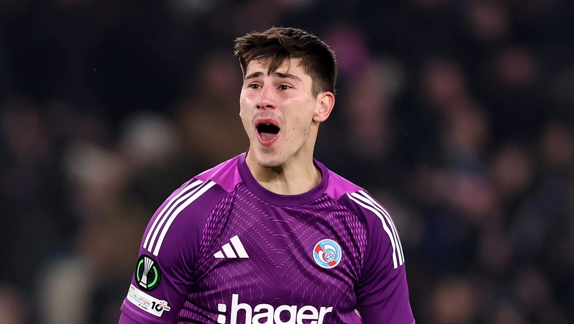 Mike Penders of Strasbourg celebrates after teammate Emanuel Emegha (Not pictured) scored his team's first goal during the UEFA Conference League 202526 League Phase MD4 match between Racing Club de Strasbourg Alsace and Crystal Palace FC at Stade de la Meinau on November 27, 2025 in Strasbourg, France. (Photo by Justin SetterfieldGetty Images)