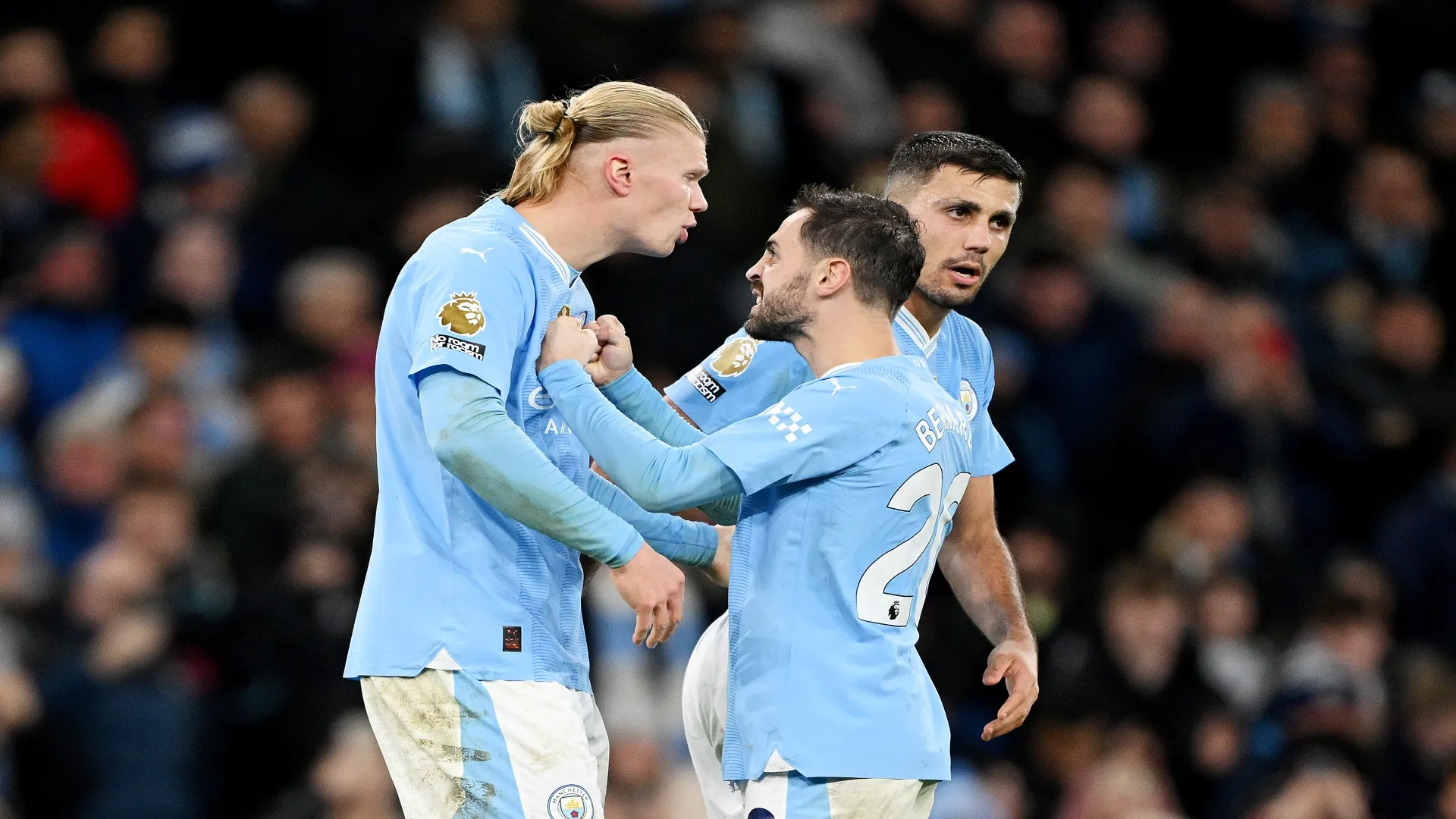 Haaland, Rodri e Bernardo Silva em partida do City pela Premier League em 2024 – Shaun Botterill/Getty Images