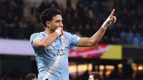 Marmoush comemora gol pelo Manchester City. (Photo by Carl Recine/Getty Images)