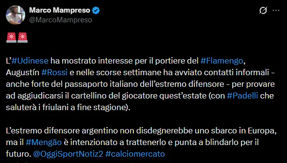 Udinese tem interesse em Rossi, afirma jornalista