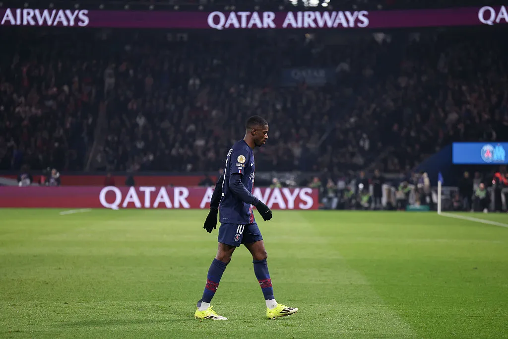 PARIS, FRANCE – FEBRUARY 8: Ousmane Dembele #10 of Paris Saint-Germain looks on during the Ligue 1 match between Paris Saint-Germain and Olympique de Marseille at Parc des Princes on February 8, 2026 in Paris, France. (Photo by Catherine Steenkeste/Getty Images for Qatar Airways)
